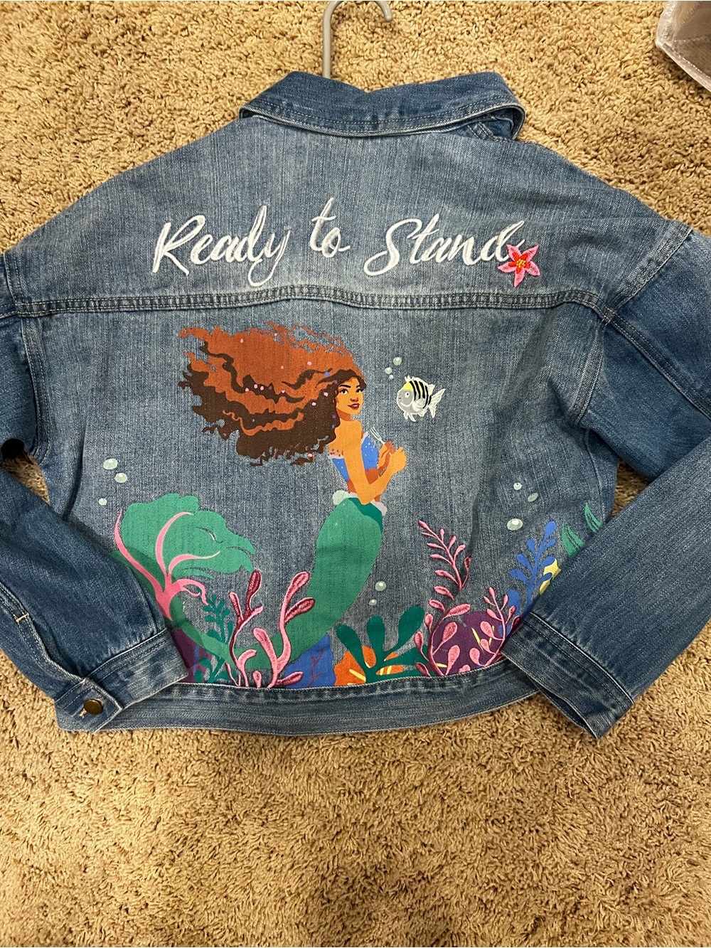 Disney Blue Denim Jacket with Multicolor Mermaid Back Art